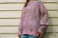 up-cycled cotton jumper, hand drawn by the crying orc (alexandra nemaric) & over-dyed in irregular pink. Handmade in Naarm / Melbourne from local, secondhand materials.