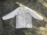 up-cycled cotton long sleeve, hand drawn by the crying orc (alexandra nemaric) and spliced in the middle. Handmade in Naarm / Melbourne from local, secondhand materials.