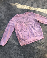 up-cycled cotton jumper, hand drawn by the crying orc (alexandra nemaric) & over-dyed in irregular pink. Handmade in Naarm / Melbourne from local, secondhand materials.