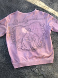 up-cycled cotton jumper, hand drawn by the crying orc (alexandra nemaric) & over-dyed in irregular pink. Handmade in Naarm / Melbourne from local, secondhand materials.